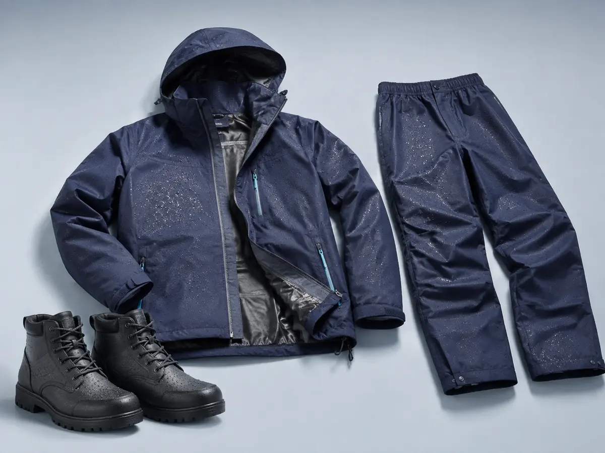 Parka impermeable, ropa térmica y botas para lluvia