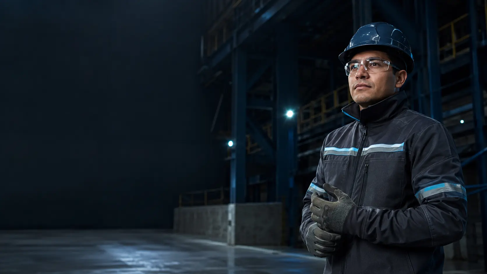 Trabajador industrial utilizando casco, lentes, guantes y vestuario de protección
